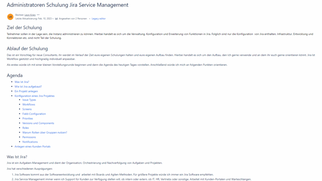 Screenshot einer Confluence Seite mit der Überschrift Administratoren Schulung Jira Service Management mit weiteren Überschriften "Ziel der Schulung", Ablauf der Schulung einer Agenda mit einer Auflistung an Anker-Links, die beim Klicken zum entsprechenden Teil der Seite springen.
