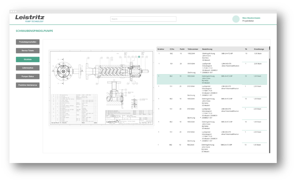 Screenshot einer Benutzeroberfläche, die zu einem Bauplan der Schraubenspindelpumpe detaillierte Angaben zu den Bestandteilen anzeigt.